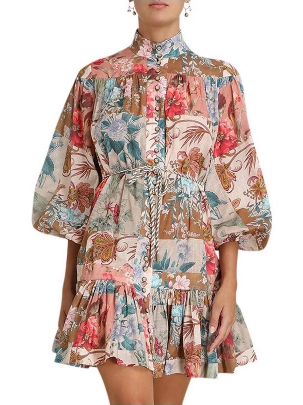 Floral Patchwork Button-Front Mini Dress in Multicolor